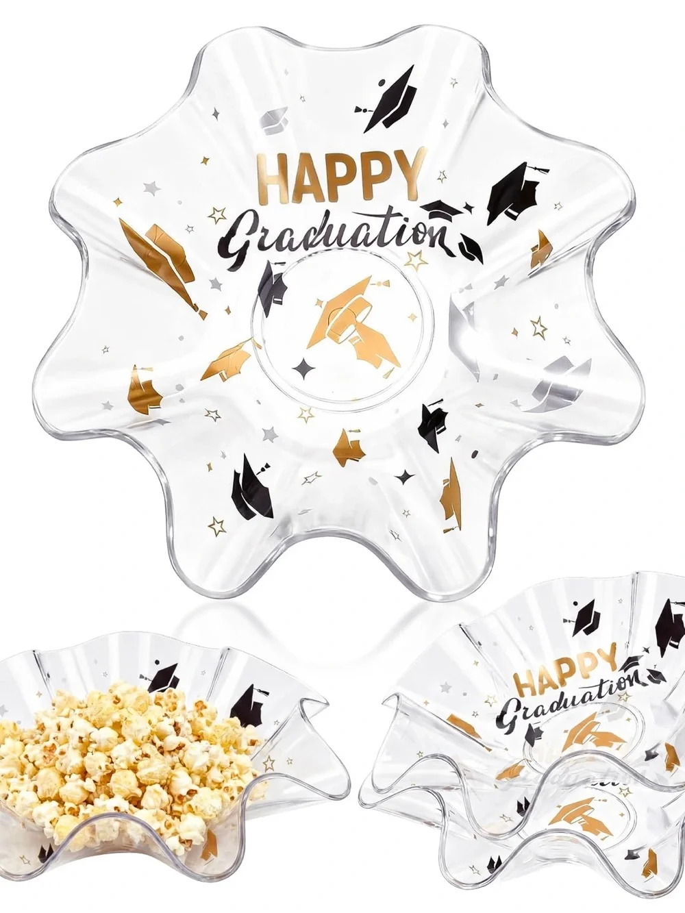 Happy Graduation Clear Serving Bowl Set with Gold & Black Cap Motif